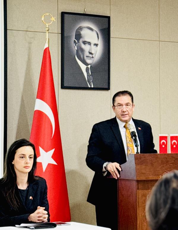 Turkish Ambassador to Korea Murat Tamer (right) speaks during a press briefing at the Embassy of Turkey in Seoul on Tuesday. (Sanjay Kumar/ The Korea Herald)